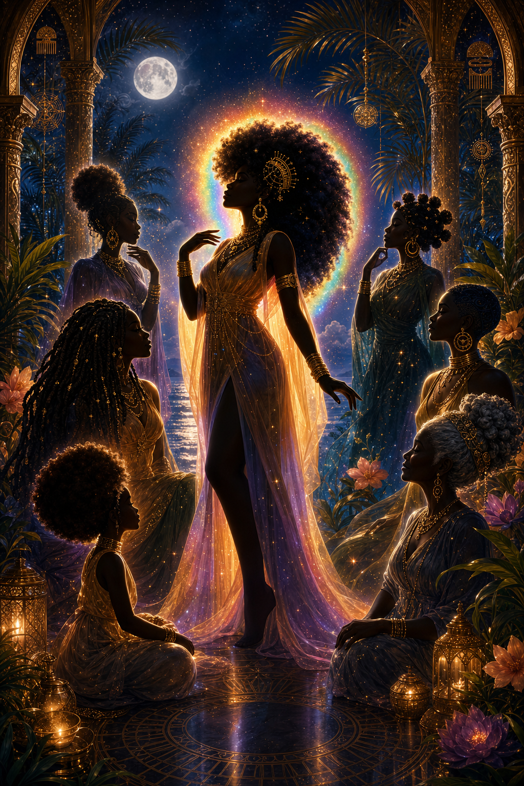 A multigenerational group of Black women celebrating natural hair in a moonlit garden